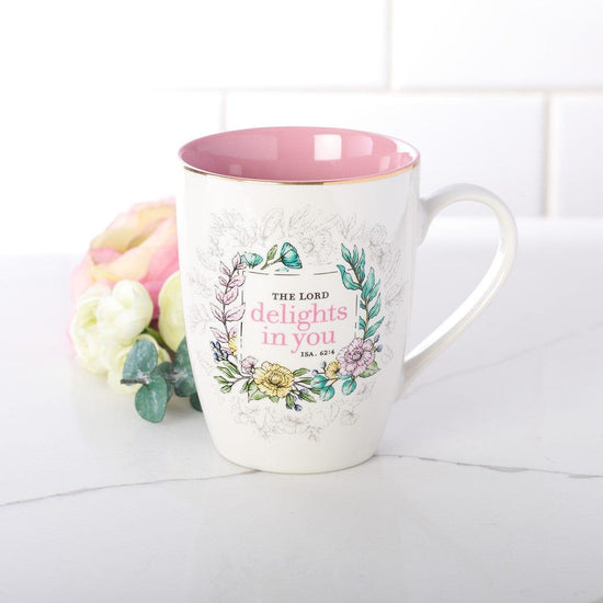 The LORD Delights in You Pink Floral Ceramic Coffee Mug - Isaiah 62:4 - Pura Vida Books