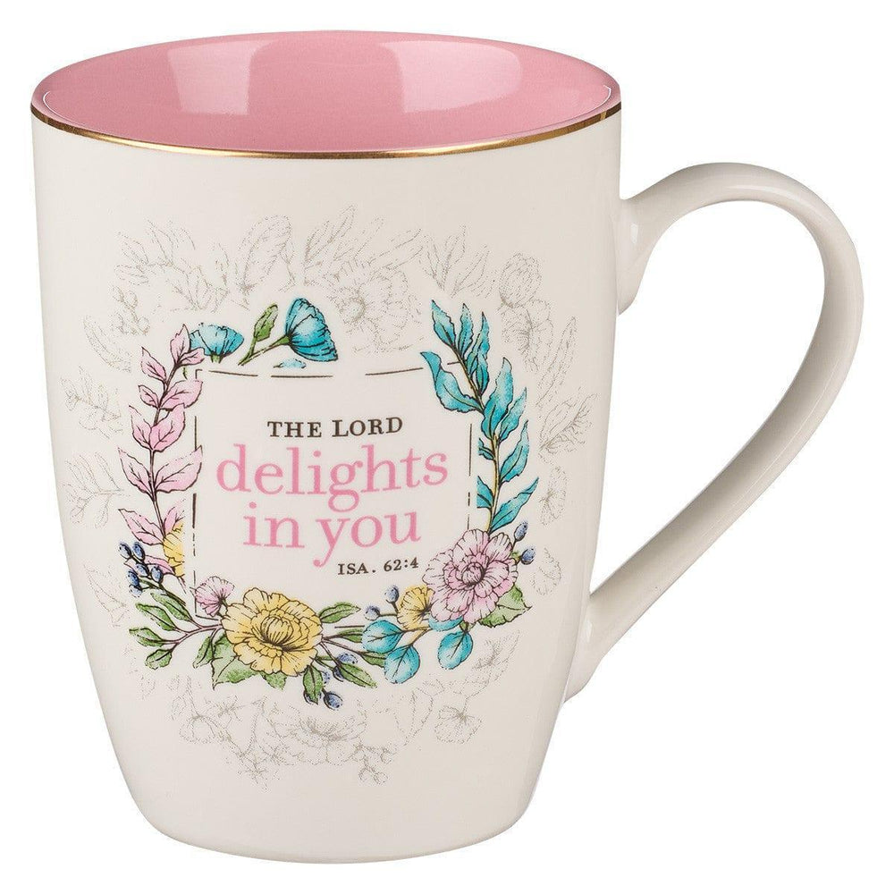 The LORD Delights in You Pink Floral Ceramic Coffee Mug - Isaiah 62:4 - Pura Vida Books