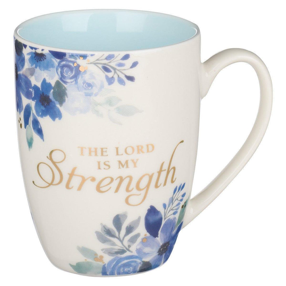 The Lord is My Strength Blue Floral Ceramic Coffee Mug - Psalm 28:7 - Pura Vida Books