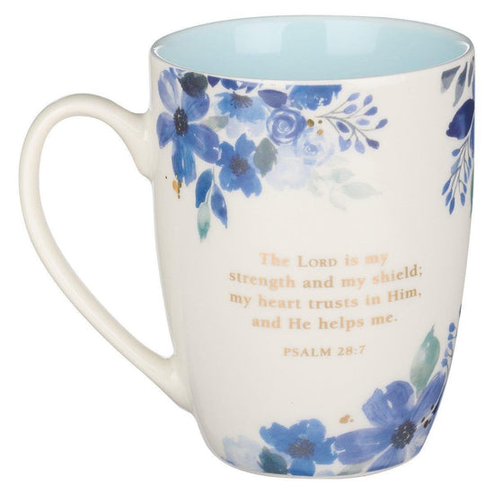 The Lord is My Strength Blue Floral Ceramic Coffee Mug - Psalm 28:7 - Pura Vida Books