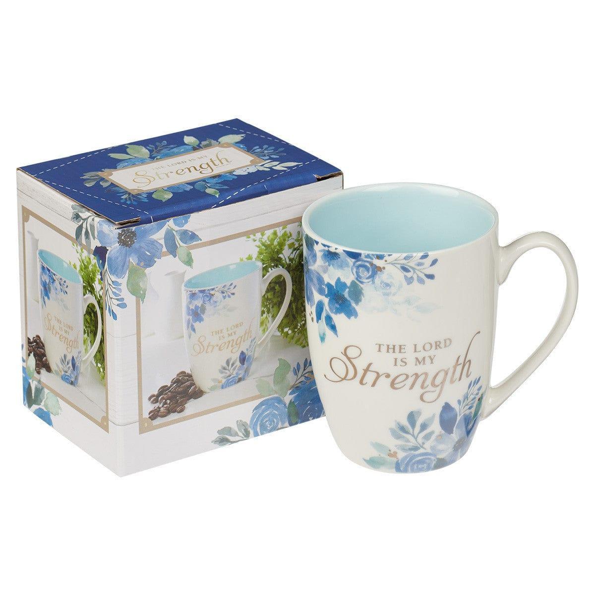 The Lord is My Strength Blue Floral Ceramic Coffee Mug - Psalm 28:7 - Pura Vida Books