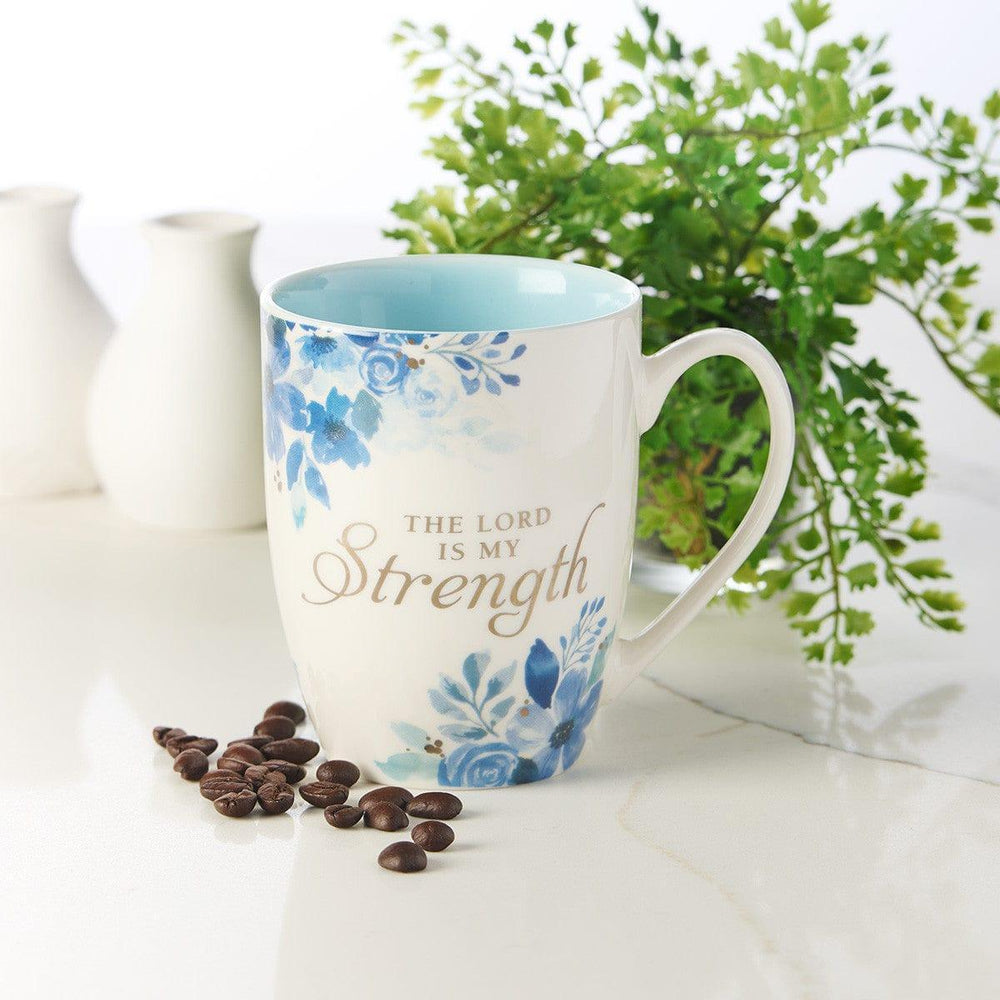 The Lord is My Strength Blue Floral Ceramic Coffee Mug - Psalm 28:7 - Pura Vida Books