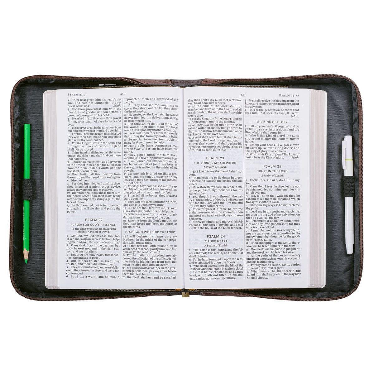 The LORD is My Strength Brown Faux Leather Classic Bible Cover - Exodus 15:2 - Pura Vida Books