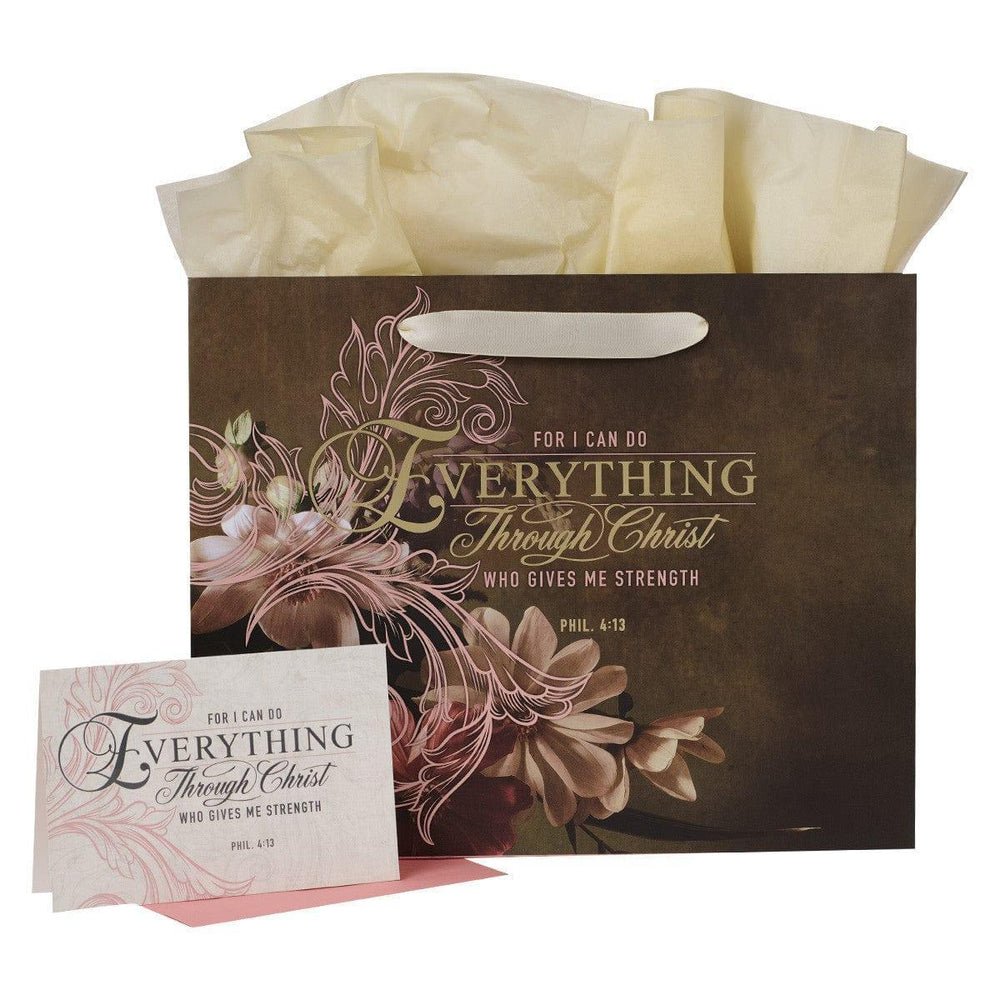 Through Christ Fluted Iris Brown and Pink Large Landscape Gift Bag with Card - Philippians 4:13 - Pura Vida Books