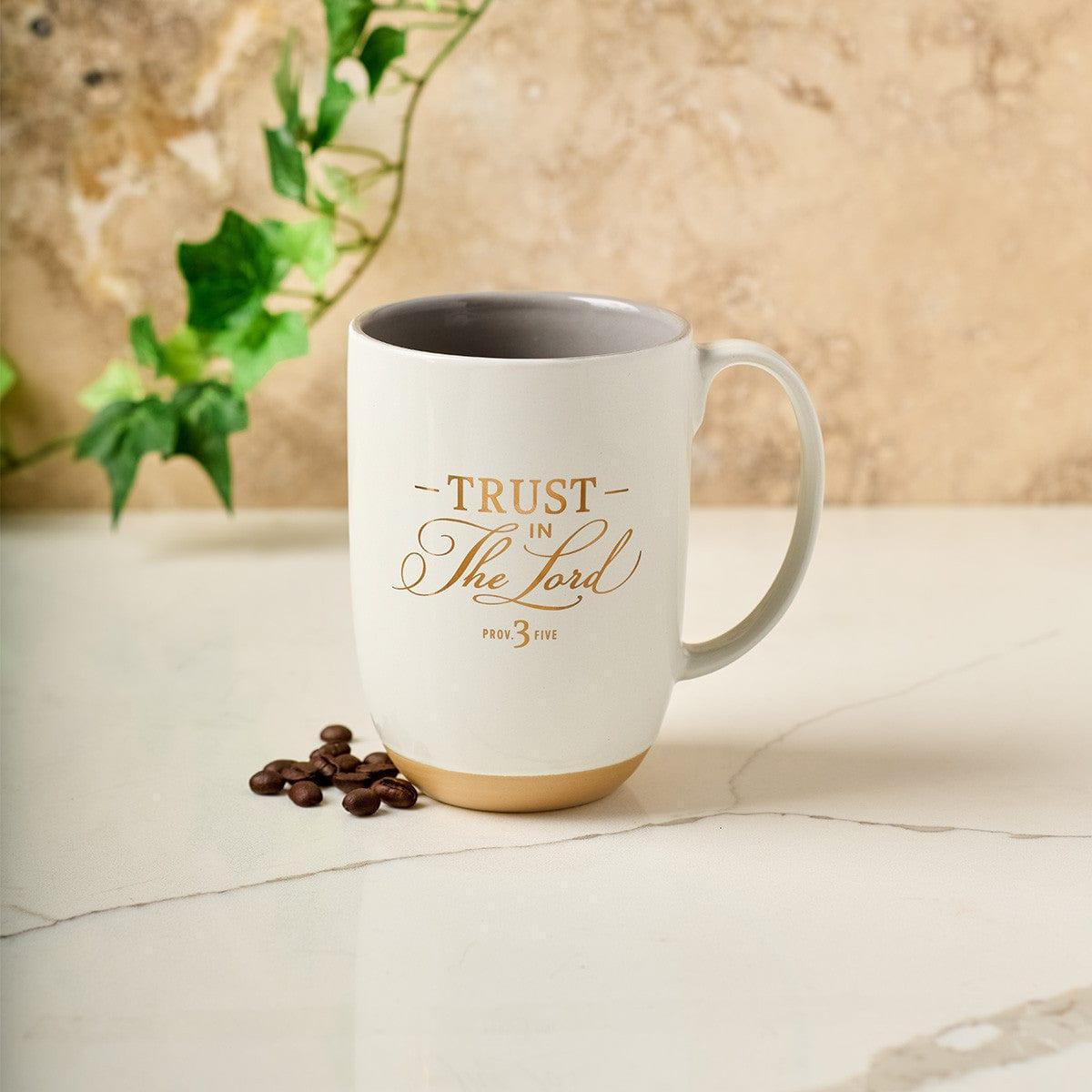 Trust in the Lord white Ceramic Coffee Mug with Exposed Clay Base - Proverbs 3:5 - Pura Vida Books