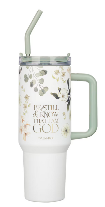 Vaso Be Still Teal Meadow 40 Oz con pajita reutilizable - Salmo 46:10