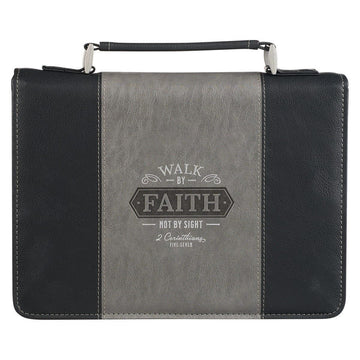 Walk by Faith Black and Gray Faux Leather Classic Bible Cover - 2 Corinthians 5:7 - Pura Vida Books