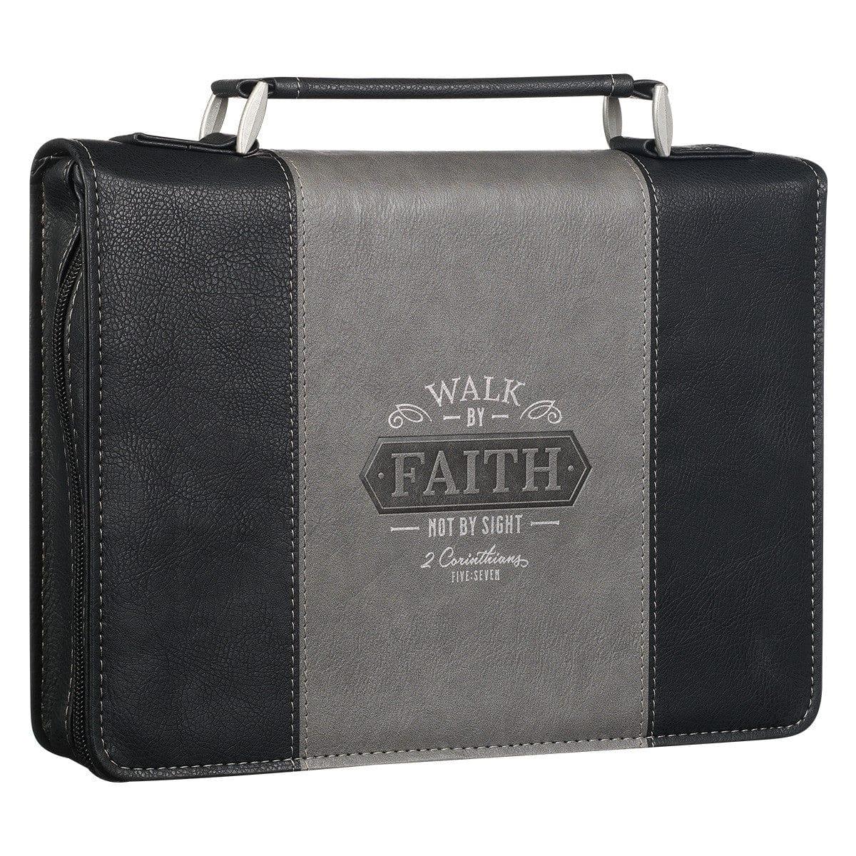 Walk by Faith Black and Gray Faux Leather Classic Bible Cover - 2 Corinthians 5:7 - Pura Vida Books