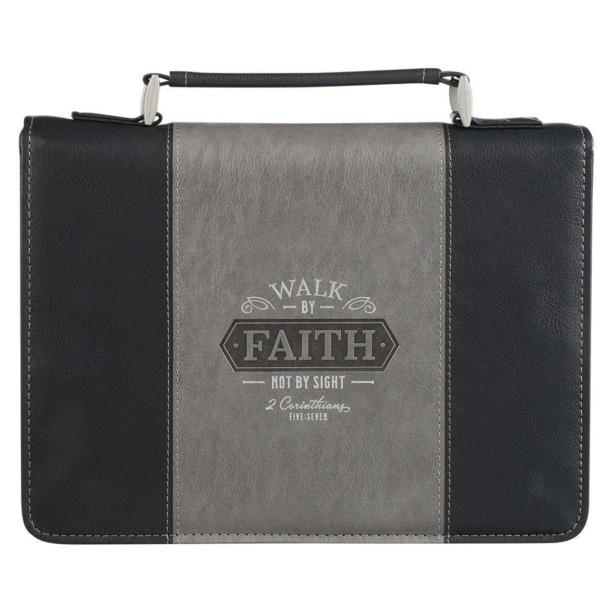 Walk by Faith Black and Gray Faux Leather Classic Bible Cover - 2 Corinthians 5:7 - Pura Vida Books