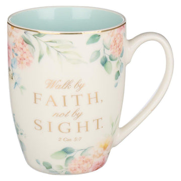 Walk By Faith Robin's Egg Blue Ceramic Coffee Mug - 2 Corinthians 5:7 - Pura Vida Books