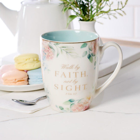 Walk By Faith Robin's Egg Blue Ceramic Coffee Mug - 2 Corinthians 5:7 - Pura Vida Books