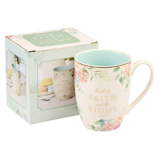 Walk By Faith Robin's Egg Blue Ceramic Coffee Mug - 2 Corinthians 5:7 - Pura Vida Books
