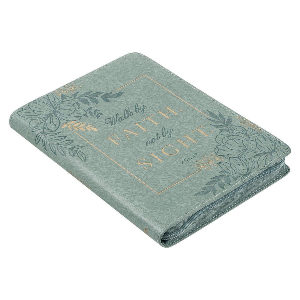 Walk By Faith Teal Floral Faux Leather Journal with Zipper Closure - 2 Corinthians 5:7 - Pura Vida Books