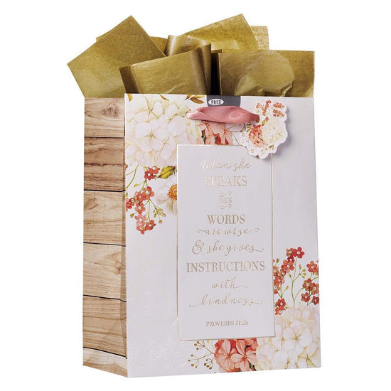 When She Speaks Medium Gift Bag in Pink with Tissue Paper - Proverbs 31:26 - Pura Vida Books