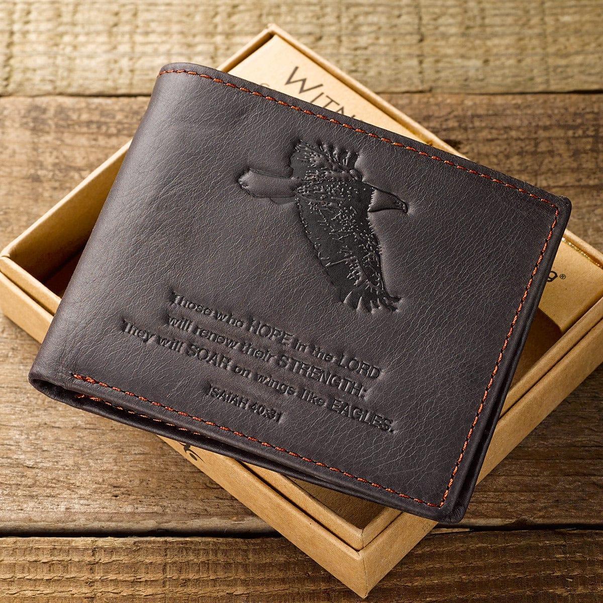 Wings Like Eagles Dark Brown Genuine Leather Wallet - Isaiah 40:31 - Pura Vida Books