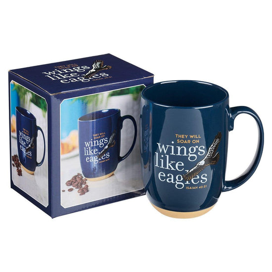 Wings Like Eagles Navy Blue Ceramic Coffee Mug with Exposed Clay Base - Isaiah 40:31 - Pura Vida Books