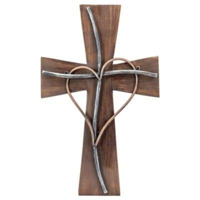 Wooden Wall Cross with Copper Wire Heart - Pura Vida Books
